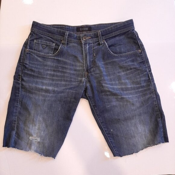 GUESS Vermont Slim Custom Cut Off Denim Shorts Distressed Dark Wash Jean - Picture 14 of 14